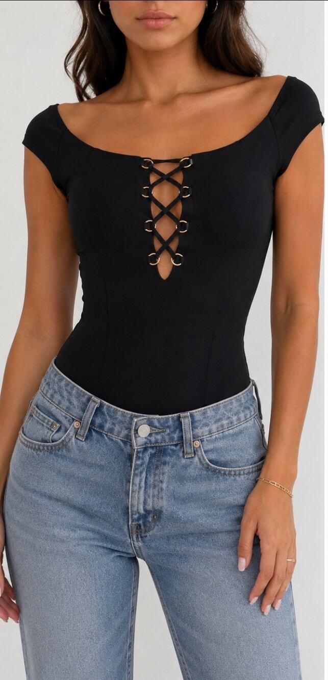 Bebe Black Lace Up Bodysuit Sz S Off Shoulder Plunge Neck Y2K Clubwear Party Top